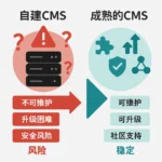 左侧自研 CMS 风险（不可维护、升级困难、安全风险），右侧成熟 CMS 优势（可维护、可升级、社区支持）