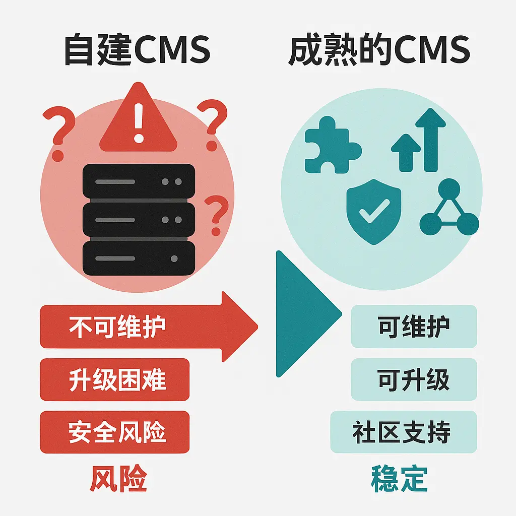 左侧自研 CMS 风险（不可维护、升级困难、安全风险），右侧成熟 CMS 优势（可维护、可升级、社区支持）
