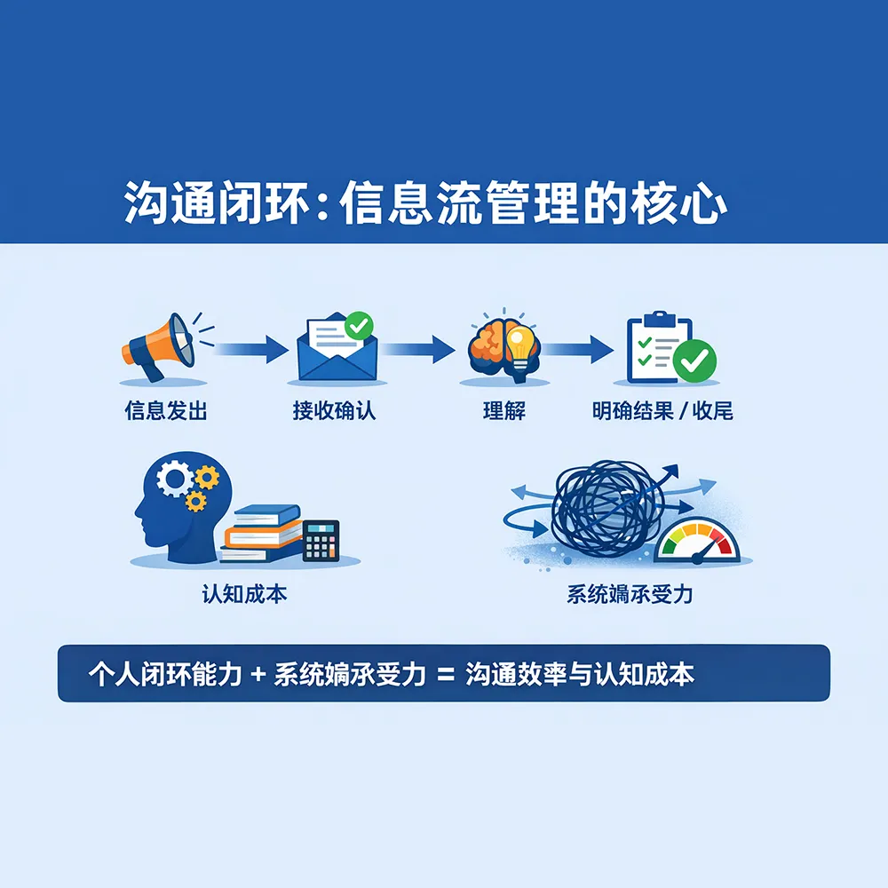 沟通闭环与降低沟通熵的概念示意图 — 强调完整反馈与信息确认