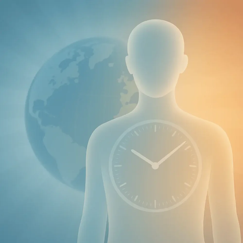 抽象插画展示人体生物钟、地球时区与昼夜光线，用于跨时区出差健康管理说明