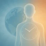 抽象插画展示人体生物钟、地球时区与昼夜光线，用于跨时区出差健康管理说明